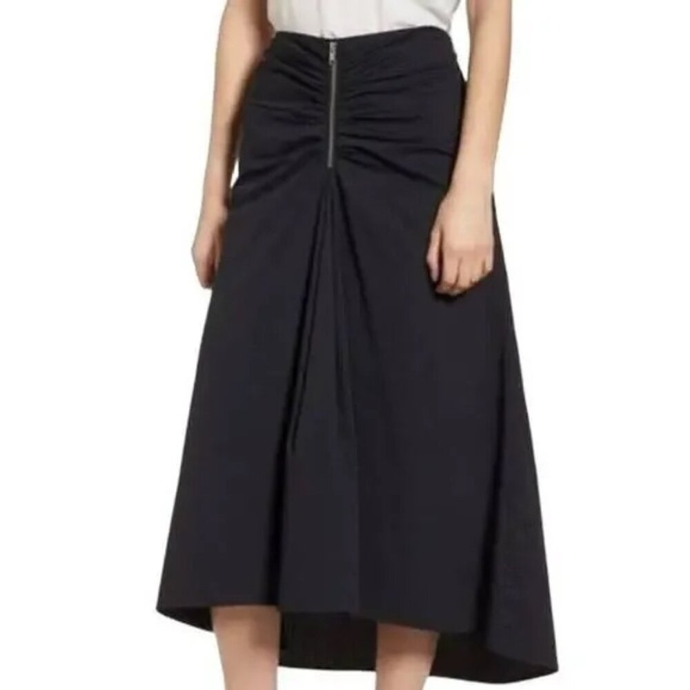 NWOT Trouve Black A-Line Midi Skirt with Ruched High-Low Design